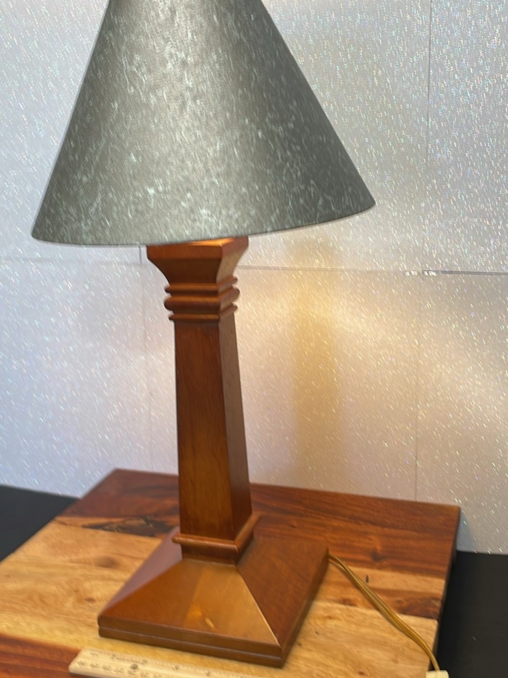 Wood Table Lamp with Gray Shade - Brown Base